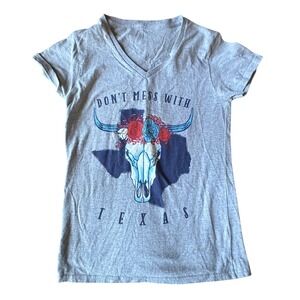 Texas Graphic Tee Don't Mess With Texas Skull Floral V Neck T Shirt Womens small